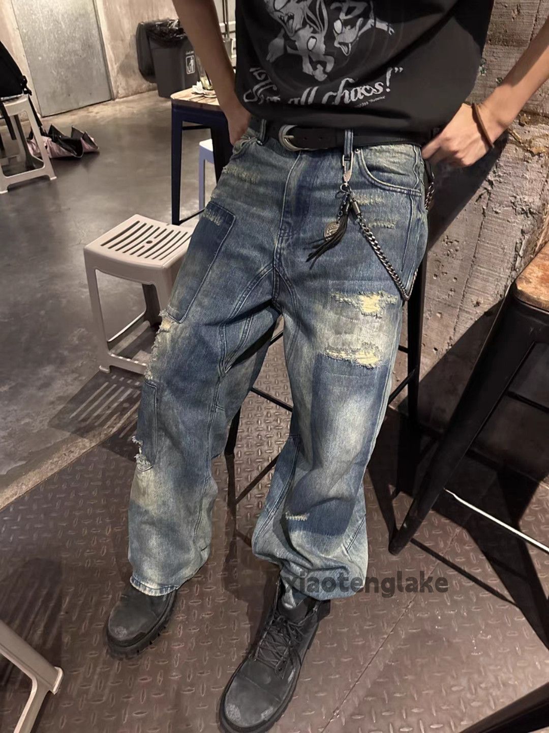 Jean × Vintage washed faded loose baggy damaged stain patch jeans Size US 33 - 1 Thumbnail