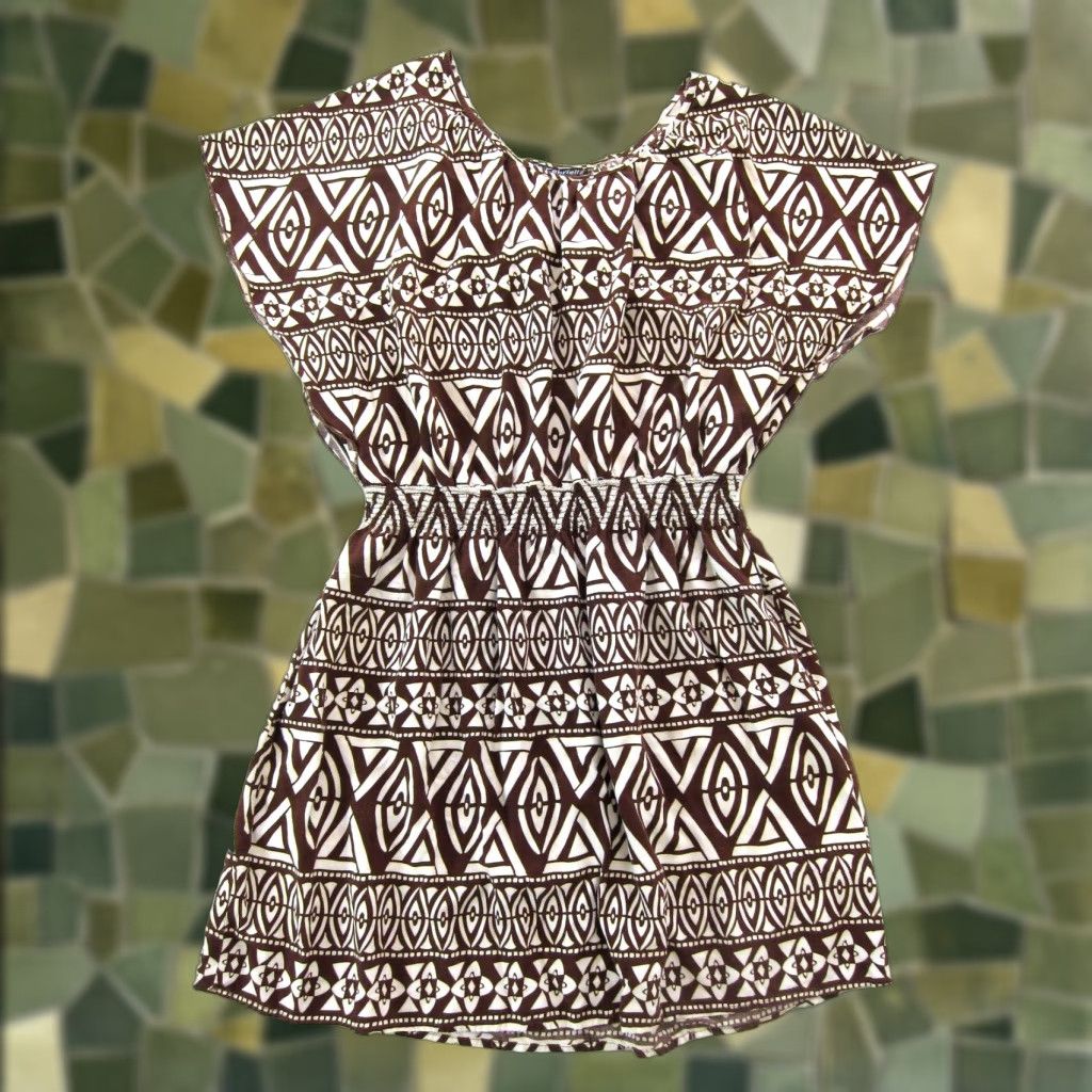 Vintage Mlle Gabrielle 100% Rayon Brown White Geometric Floral Tunic Smock Dress Large, Women’s