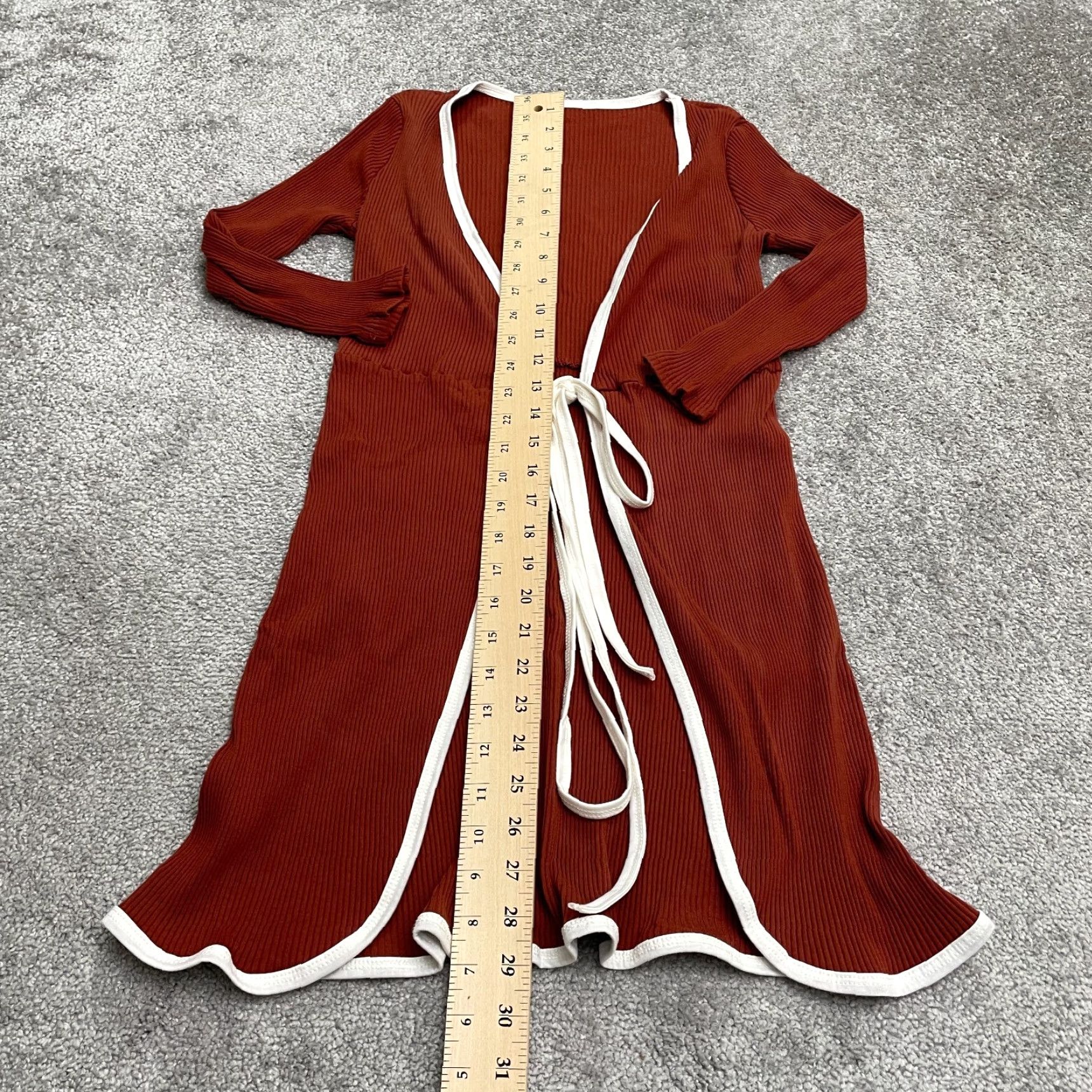 Vintage Unbranded Ribbed Knit Robe Womens XS Brown White Tie Long Sleeve Stretch Cover Size XS / US 0-2 / IT 36-38 - 5 Thumbnail