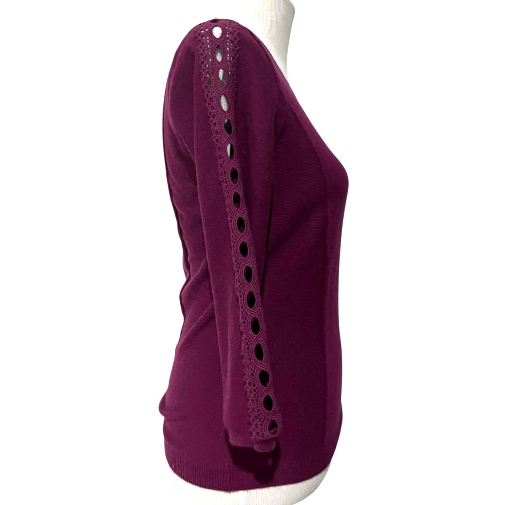 Anthropologie ANGEL OF THE NORTH Sweater Women’s S Purple Lace Detail 3/4 Sleeve Pullover Cashmere Cotton Nylon Spandex Anthro polo (adjusted for clarity) Size S / US 4 / IT 40 - 5 Thumbnail