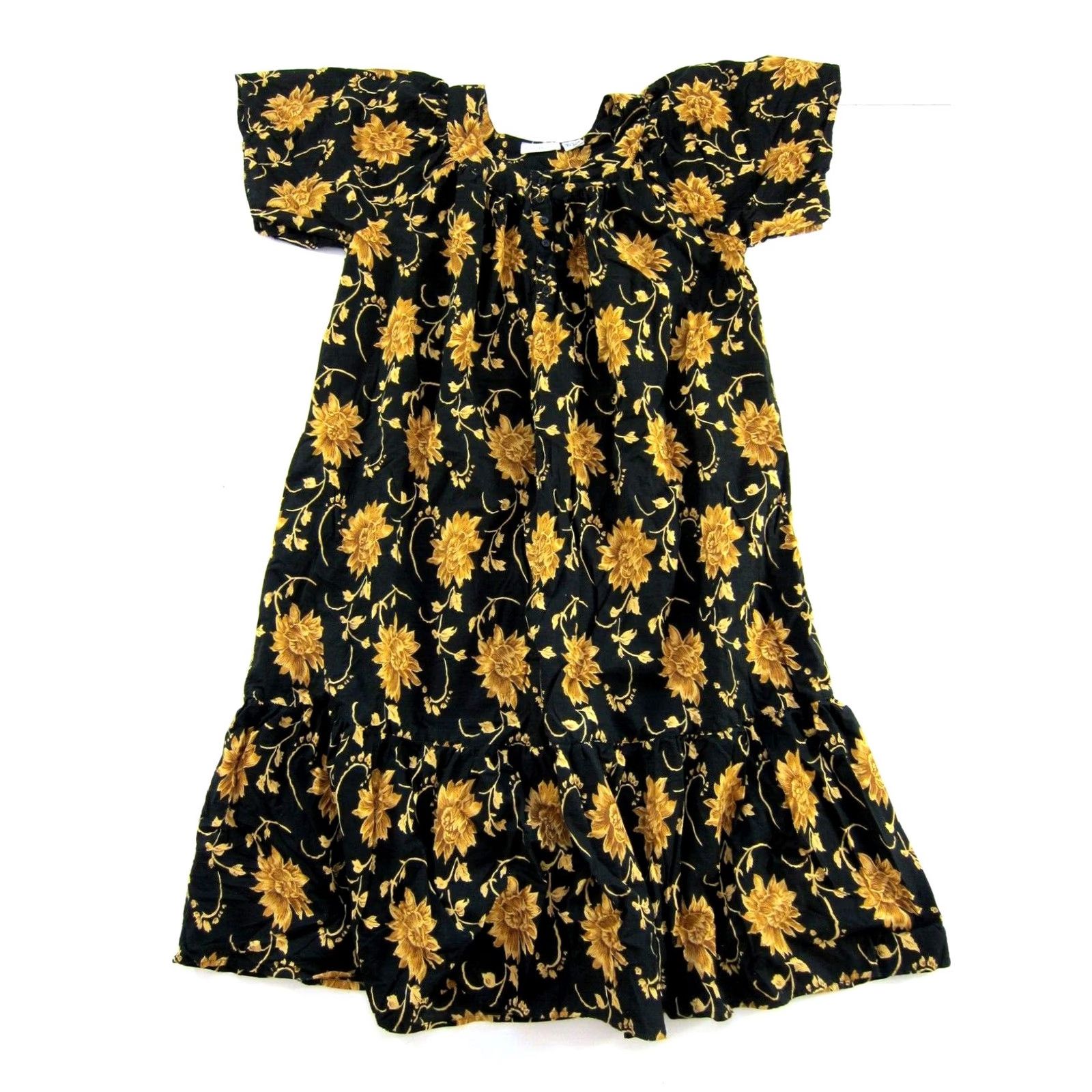Vintage Fundamentals Cotton Black Yellow Floral Short Sleeve Muumuu Dress S Size 28" / US 6 / IT 42 - 2 Thumbnail