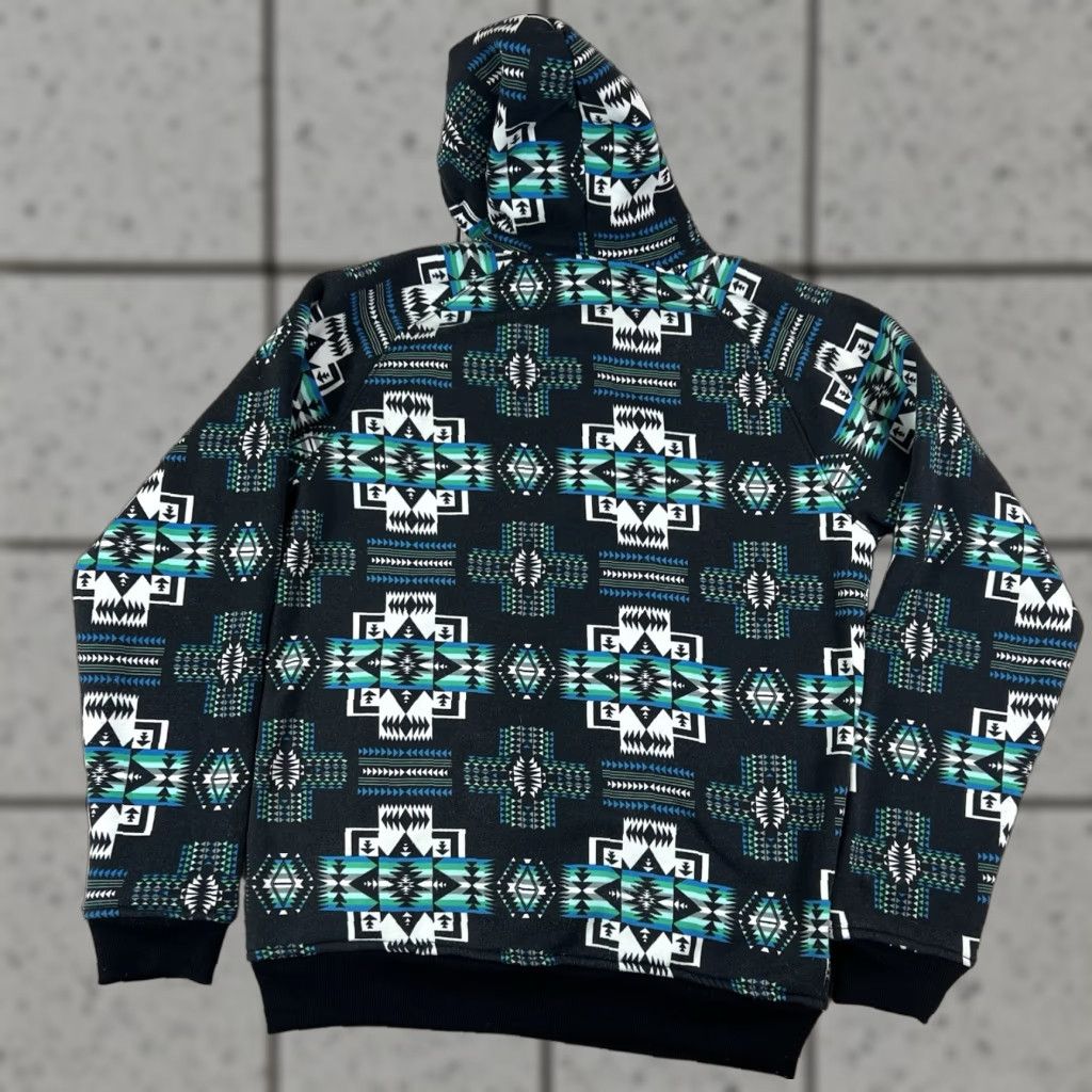 Native VINTAGE Native Aztec Fleece Hoodie Sweatshirt Men M Black Green Hooded Graphic Print Pockets Pullover Size US M / EU 48-50 / 2 - 1 Thumbnail