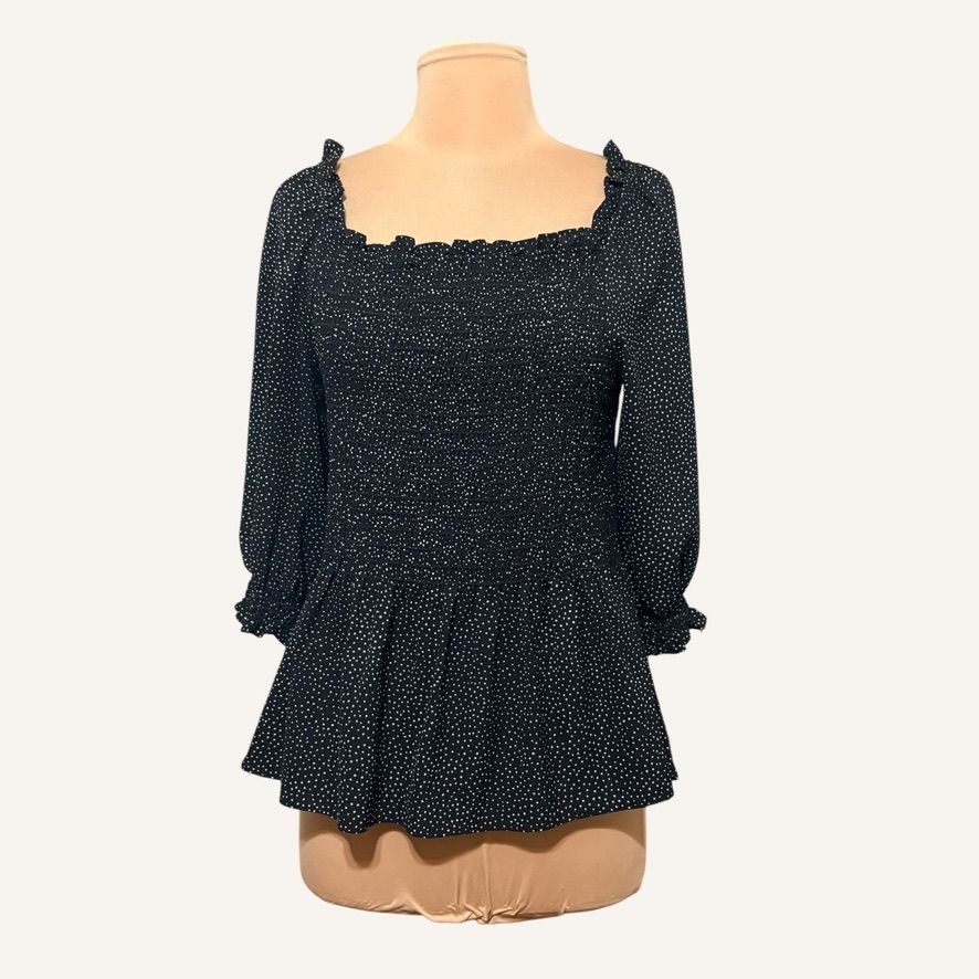 Other Max Studio Ruffle Blouse M Polka Dot White Black Smocked EUC Size M / US 6-8 / IT 42-44 - 5 Thumbnail