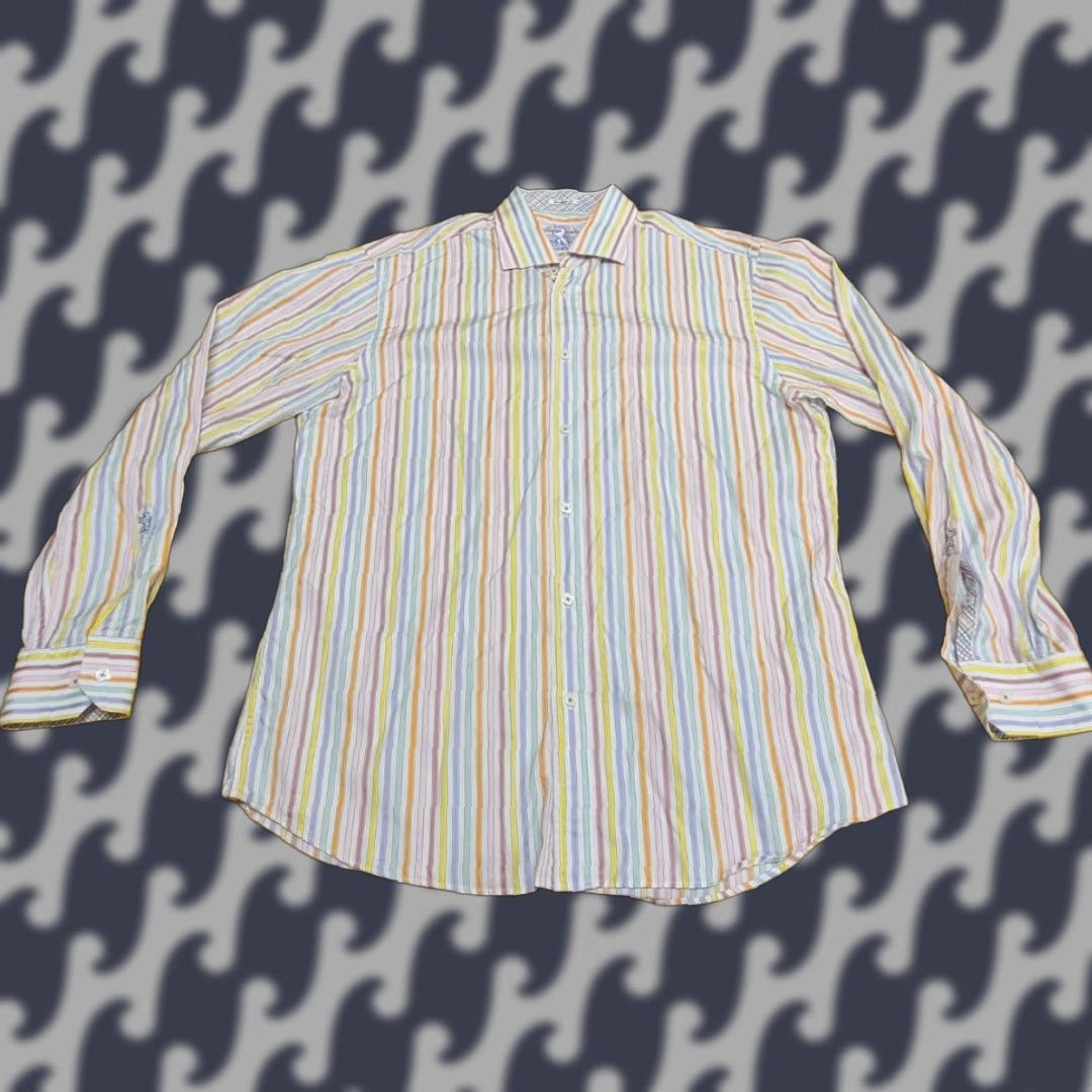 BUGATCHI Bugatchi Dress Shirt Shaped Fit Striped Flip Cuff Button Up Mens Size XL Multicolor Cotton Logo Designers Mens XL Shirt Size 46R - 1 Thumbnail