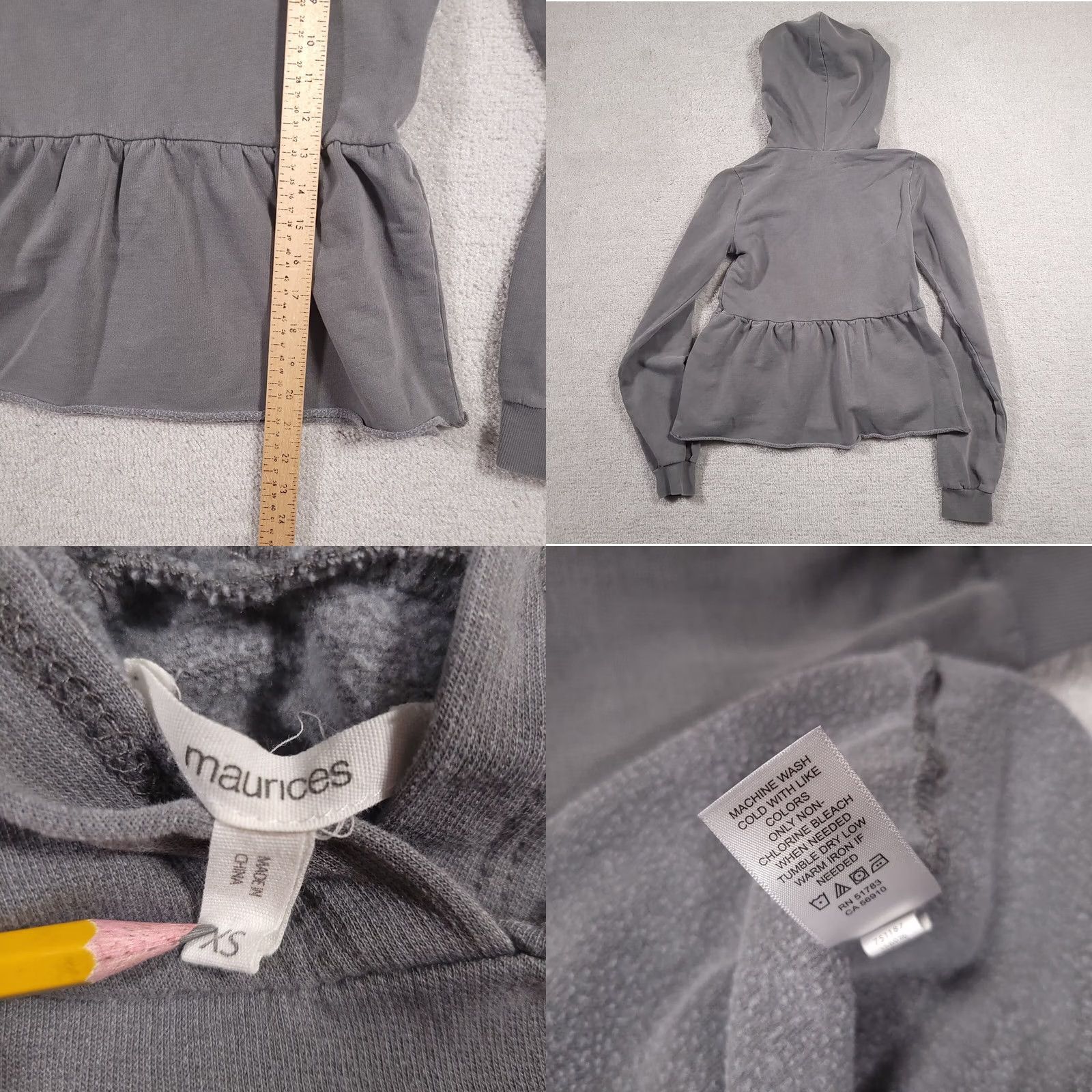 Vintage Maurices Sweatshirt Hoodie Women's XS Long Sleeve Hooded Gray Ruffle Crop Shirt Size XS / US 0-2 / IT 36-38 - 8 Thumbnail