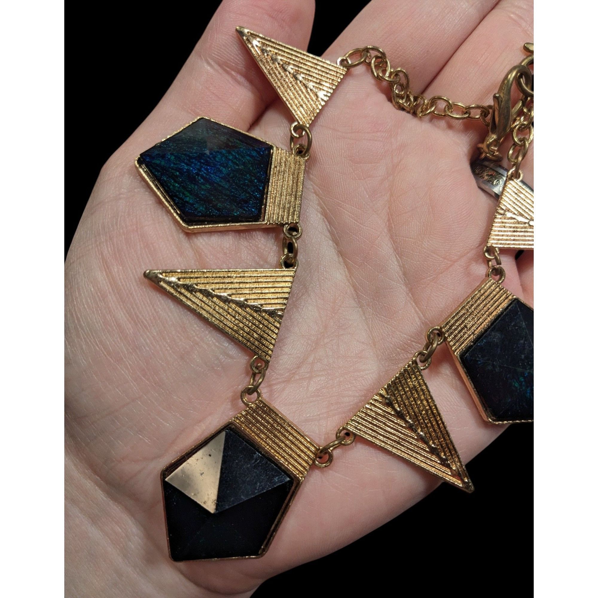 Other Modern Geometric Gold And Dark Blue Statement Necklace Size ONE SIZE - 5 Thumbnail