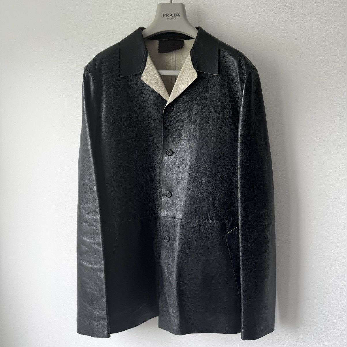 Pre-owned Prada 1990's Button Up Contrast Leather Jacket In Black