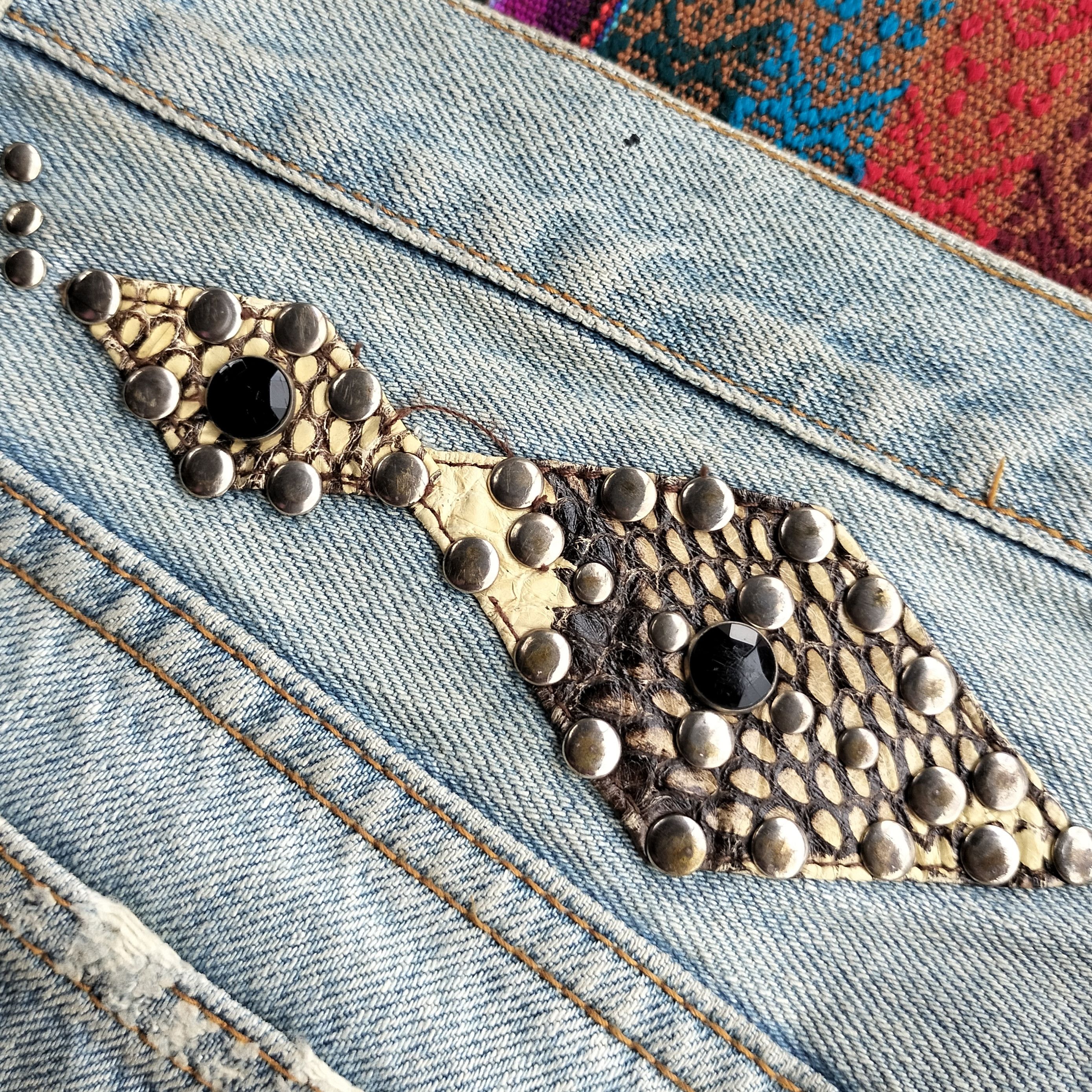 Tornado Mart paint splash snake skin studdet distressed flare denim Size US 35 - 14 Thumbnail