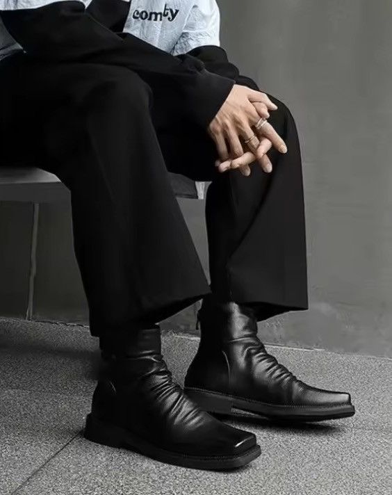 Japanese Brand Black Split Leather Square Toe Side-Zip Boots Size US 10.5 / EU 43-44 - 2 Thumbnail