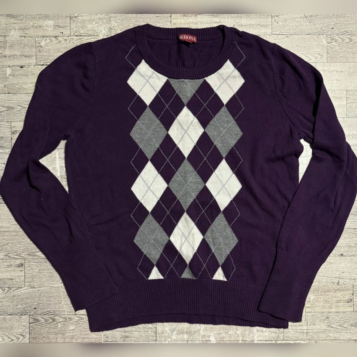 Merona Retro, Eggplant Purple, Argyle Patterned, Rayon Knit Sweater Size ONE SIZE - 6 Thumbnail