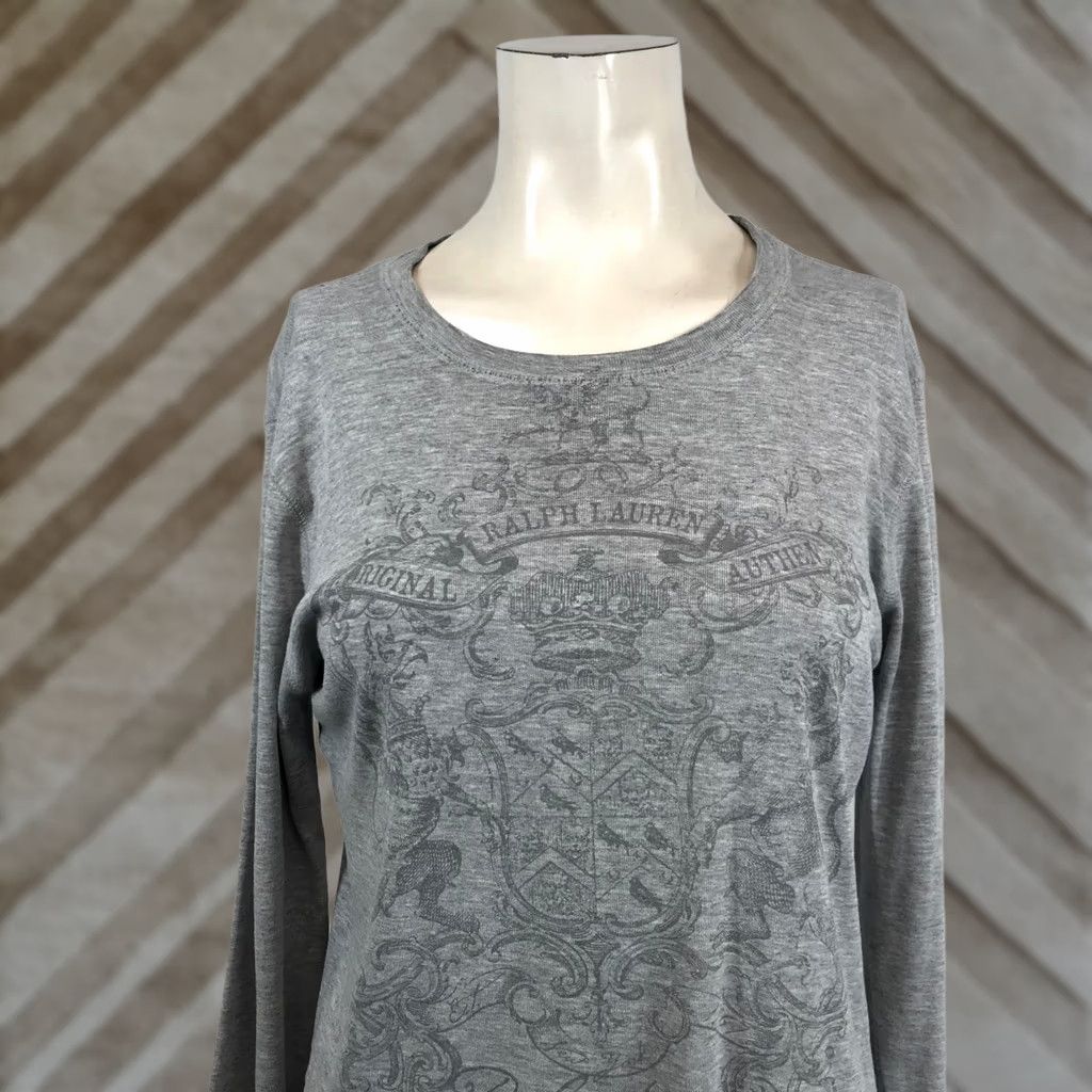 Vintage Polo Jeans Co. Ralph Lauren Womens T-Shirt Gray Graphic Crest Long Sleeve Crew Neck Medium Size M / US 6-8 / IT 42-44 - 1 Thumbnail