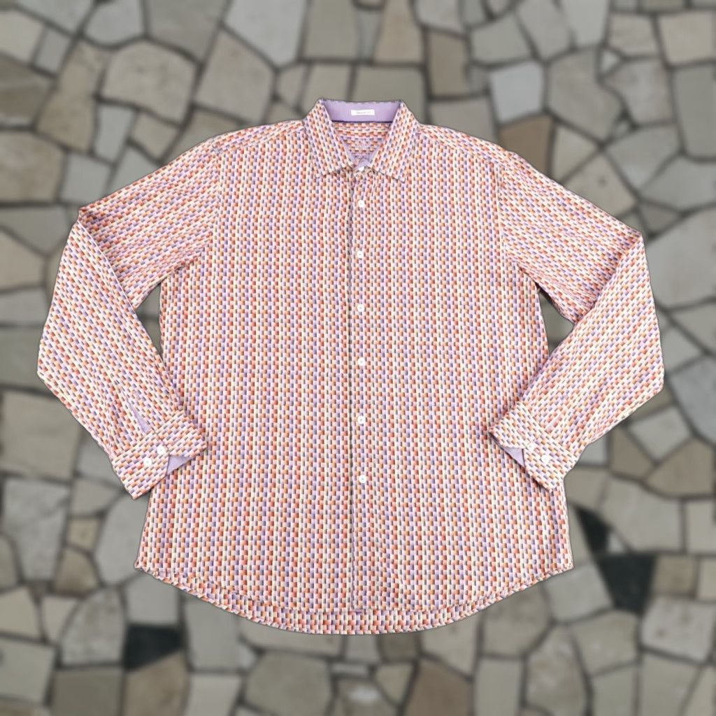 BUGATCHI VINTAGE Bugatchi Uomo Shirt Mens XL Purple Red Block Print Button Up Shaped Fit Cotton Size US XL / EU 56 / 4 - 1 Thumbnail