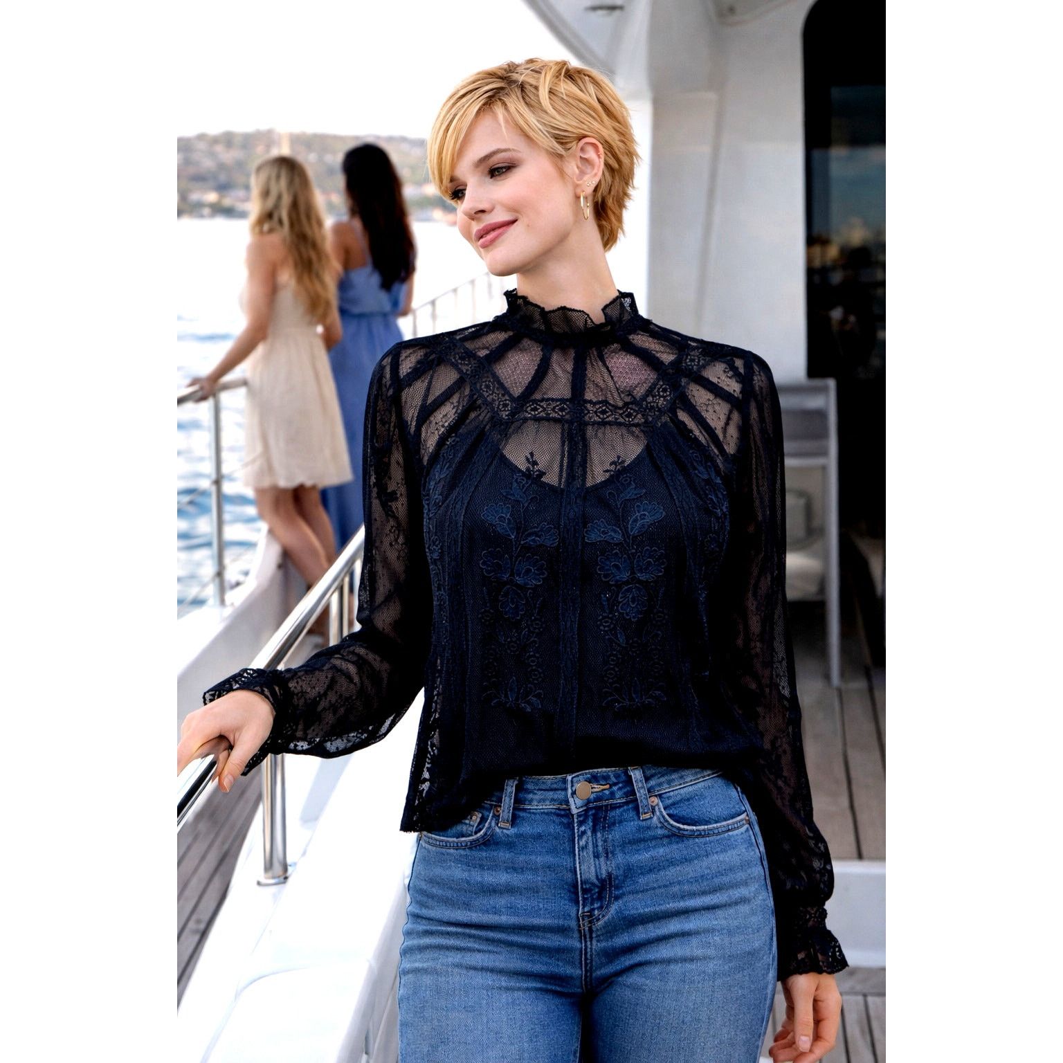 Other St Roche Lace Embroidered Ruffle Neck Flores Top Black 6 Size M / US 6-8 / IT 42-44 - 1 Thumbnail