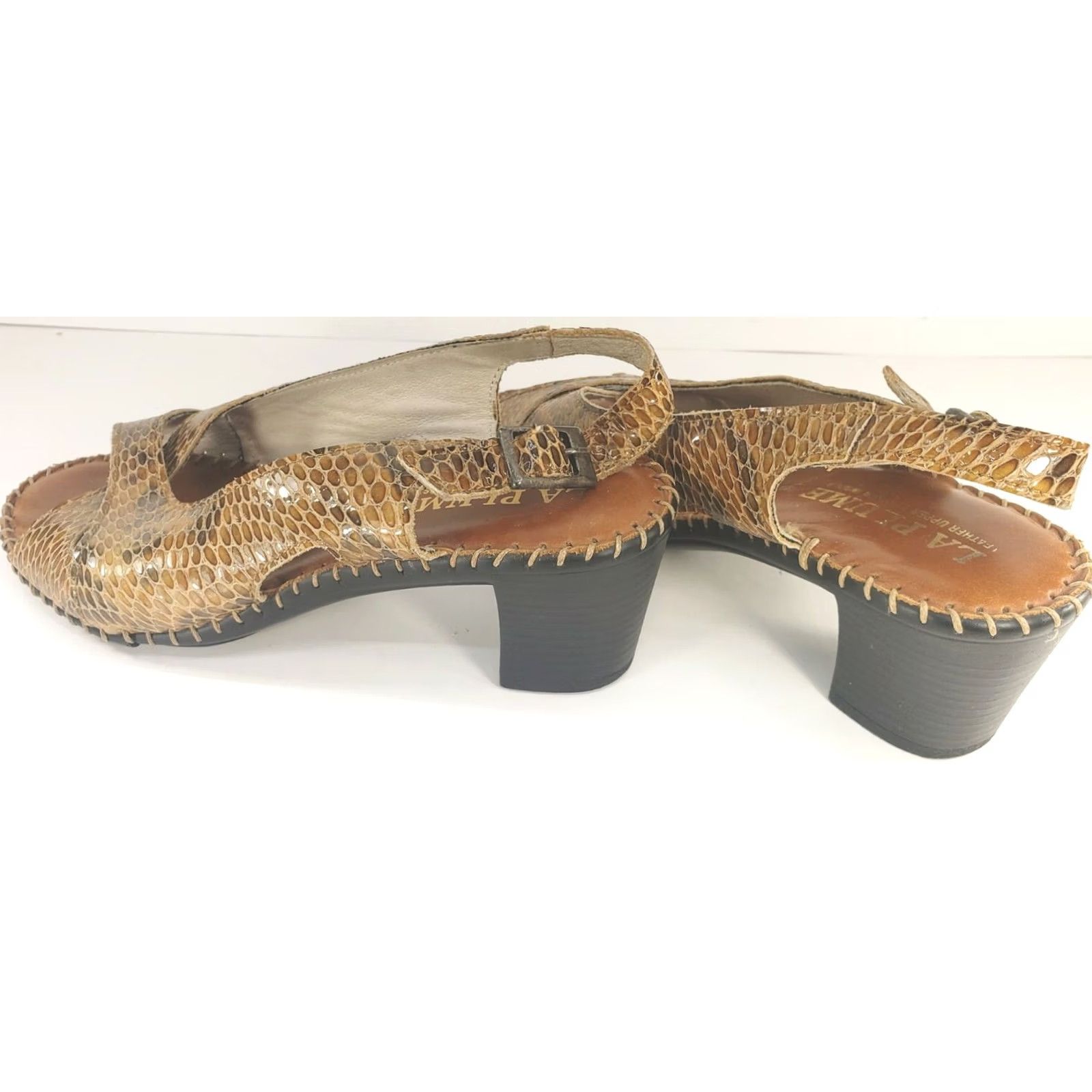 Vintage La Plume Leather Brown Tan Reptile Slingback Heeled Sandals Size 5-5.5M 36EU Women Size US 5.5 / IT 35.5 - 5 Thumbnail