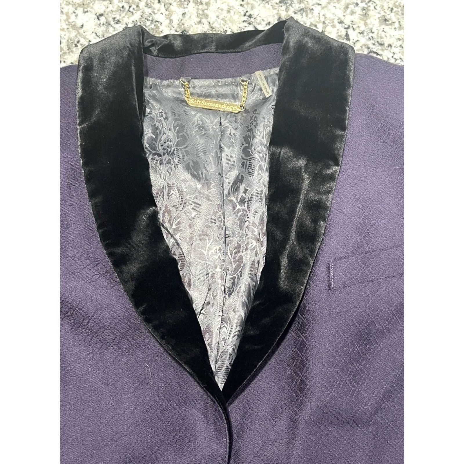 Soft Surroundings Soft Surroundings Wool-Blend Jacquard Top Coat Velvet Collar Purple L Womens Large Coat Size L / US 10 / IT 46 - 4 Thumbnail