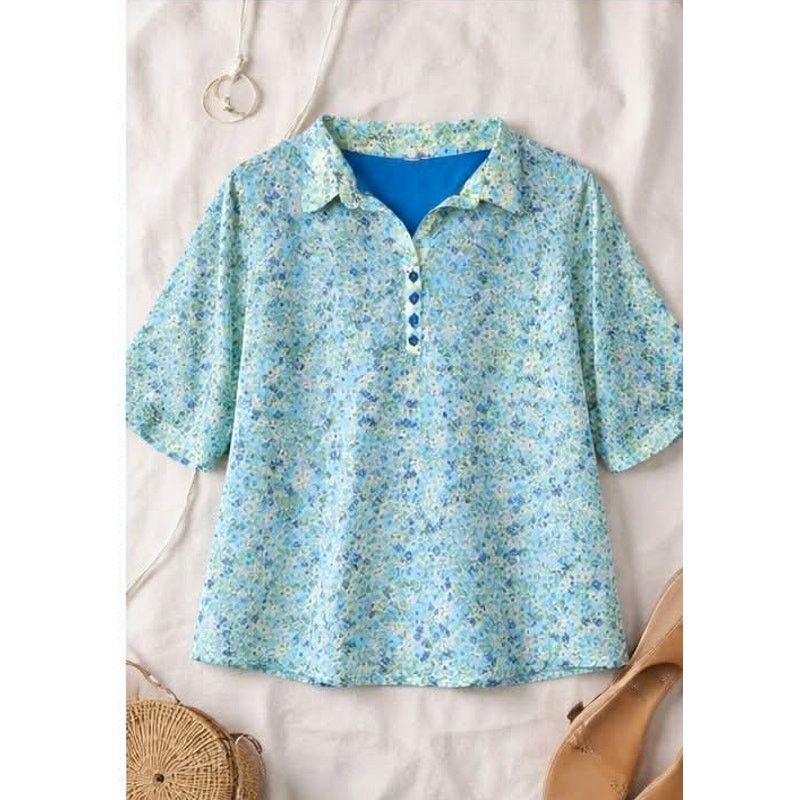 Other Floral Blouse Blue Green Short Sleeve Button V Neck Top LG Size L / US 10 / IT 46 - 5 Thumbnail