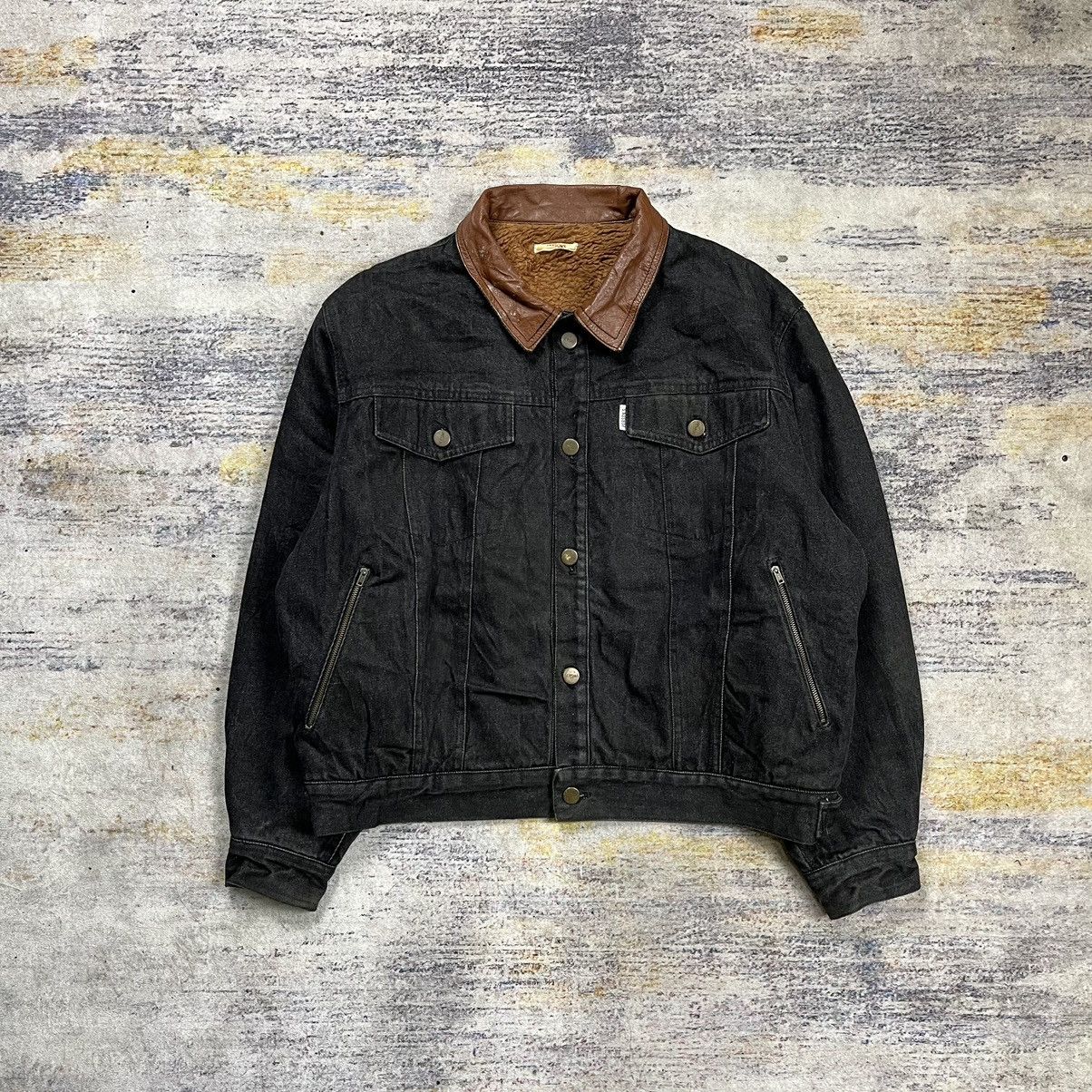 Vtg Person's oversized sherpa denim jacket collar leather