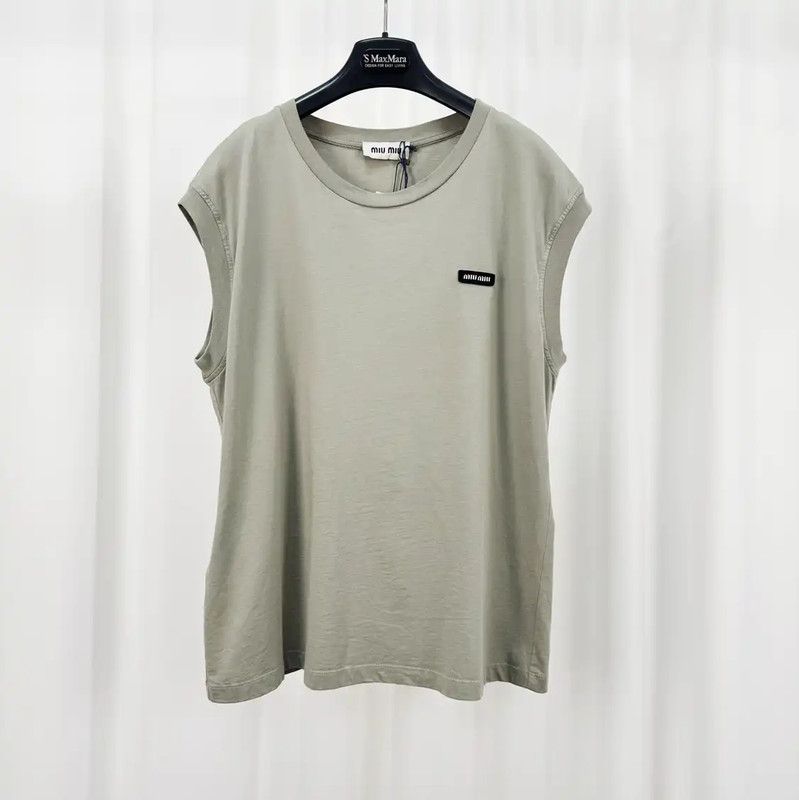 Miu Miu Gray Cotton Embroidered Logo Sleeveless Top 0089
