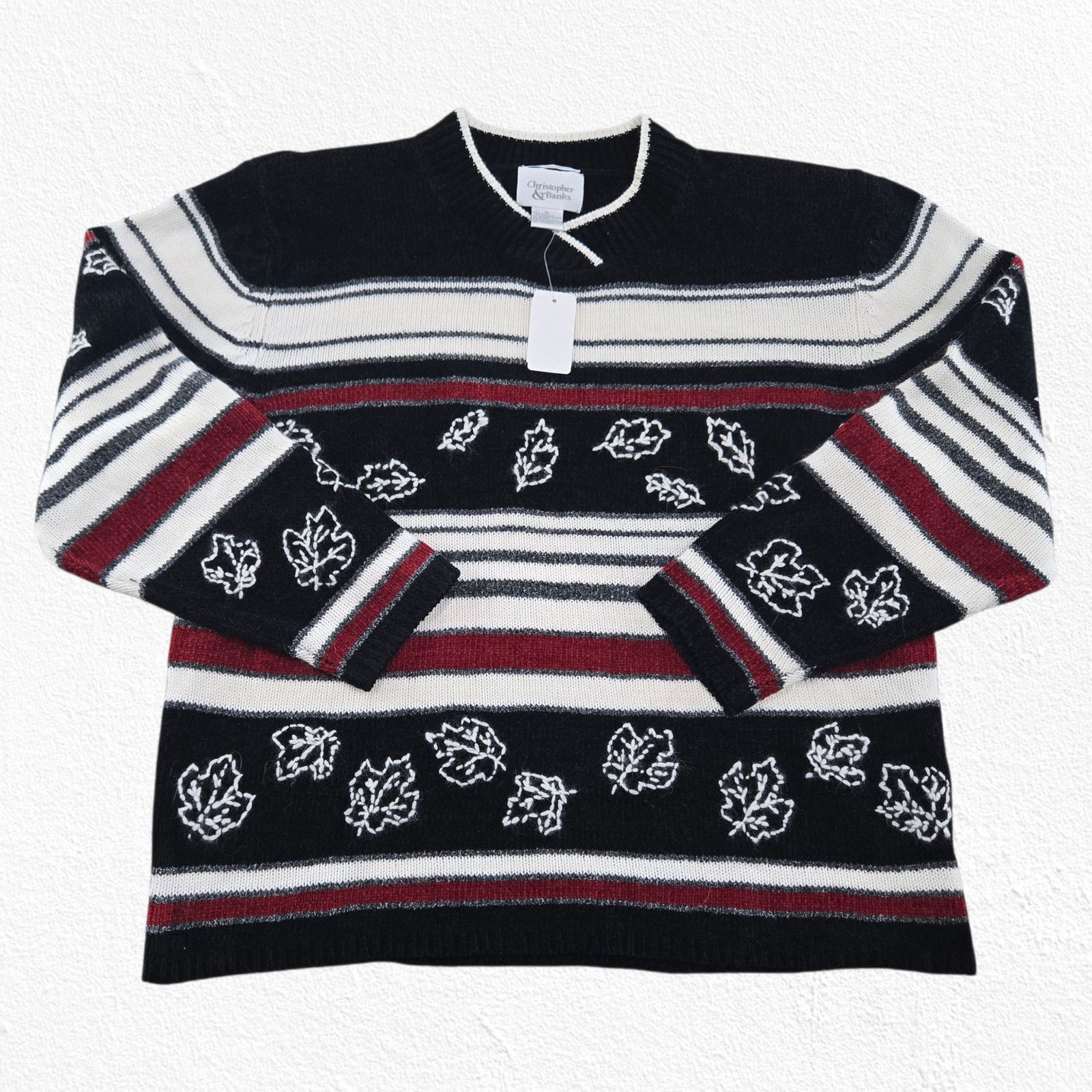 Vintage Y2K Fall Striped Leaf Knit Black Red White Sweater Size XL Size XL / US 12-14 / IT 48-50 - 2 Thumbnail