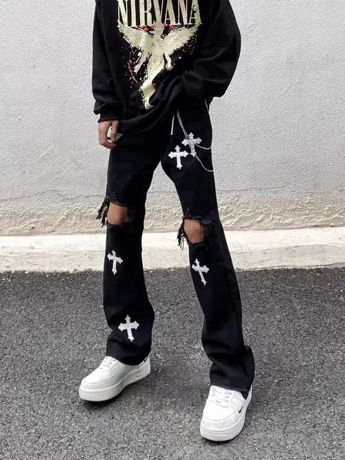 Japanese Brand × Jean Black ripped cross high street micro-flared jeans Size US 32 / EU 48 - 2 Thumbnail