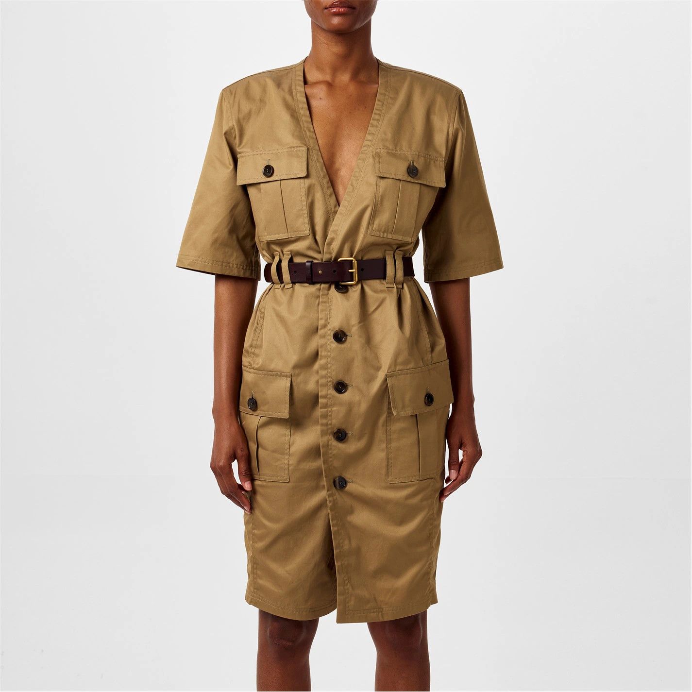 Saint Laurent Paris o1y0126 Belt Midi Dress in Beige Size M / US 6-8 / IT 42-44 - 3 Thumbnail