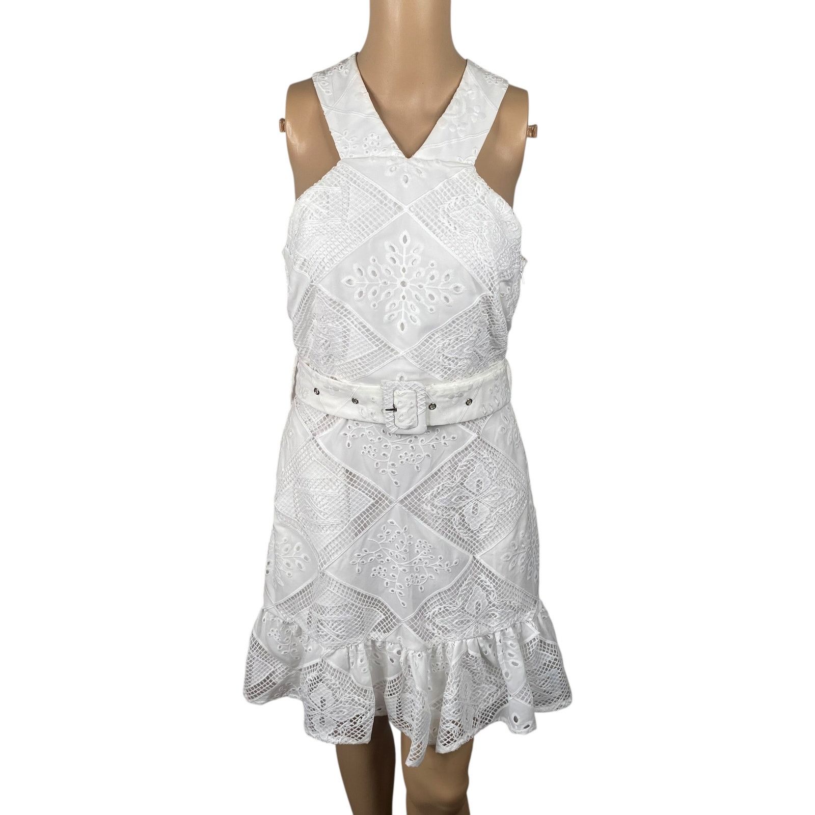 Anthropologie Ciebon Braylee White Eyelet Belted High Neck Dress SZ S Size S / US 4 / IT 40 - 3 Thumbnail