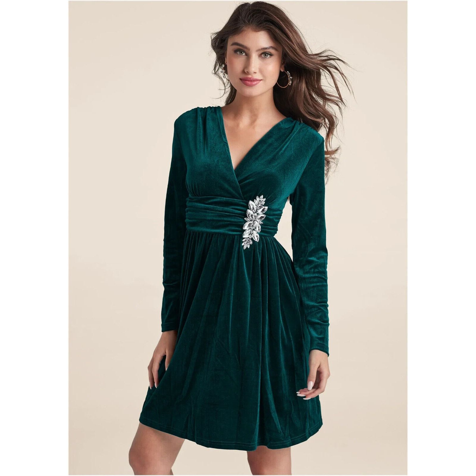 Other VENUS EMERALD GREEN VELVET RHINESTONE EMBELLISHED DRESS SZ L Size L / US 10 / IT 46 - 2 Thumbnail