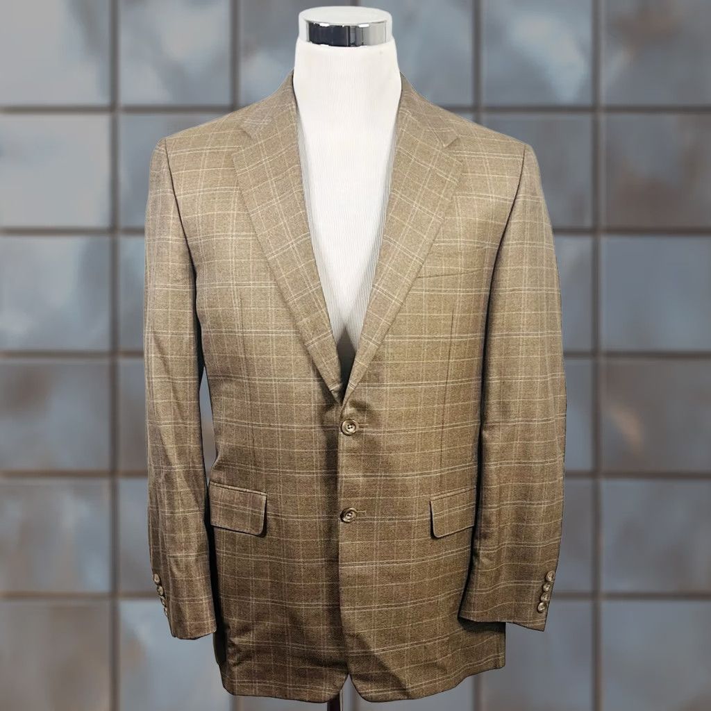 Vintage Hickey Freeman Sport Coat Beige Plaid Wool Silk Two-Button Double Vented 40R Mens Regular Jacket Size US XS / EU 42 / 0 - 1 Thumbnail