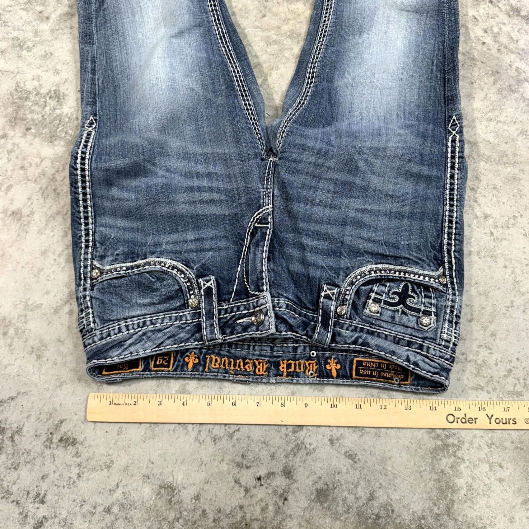 Vintage Rock Revival Jeans Women's 29 Blue Distressed Bootcut Embroidered Pockets Rhinestone Logo 90s 00s Vintage Inspired Size 29" - 7 Thumbnail