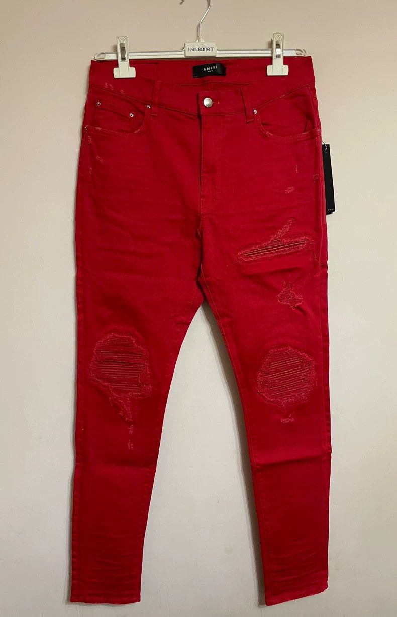 Amiri Amiri MX1 Red Leather Patch Jeans Size US 30 / EU 46 - 1 Thumbnail