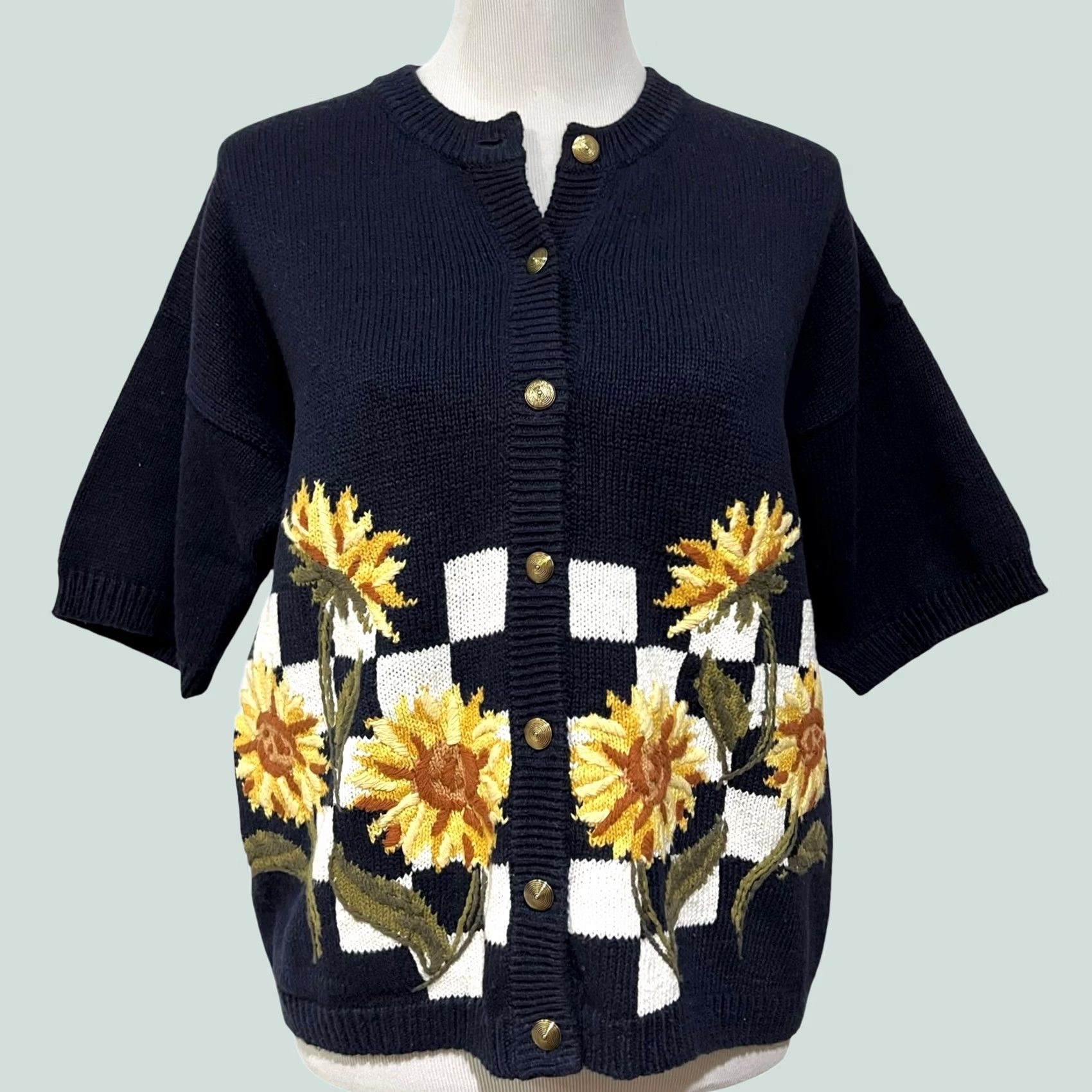 LE CIEL BLEU VINTAGE Sunflowers Navy Blue Gold Buttons Cardigan Sweater 90s Women’s Large L Crew Neck Floral Short Sleeve Size L / US 10 / IT 46 - 1 Thumbnail