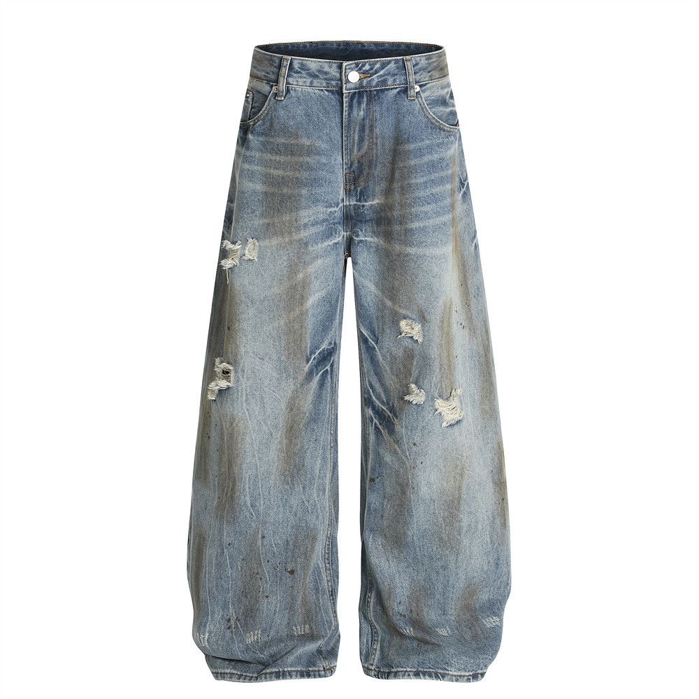 Men's punk ink-splashed distressed ripped scimitar jeans