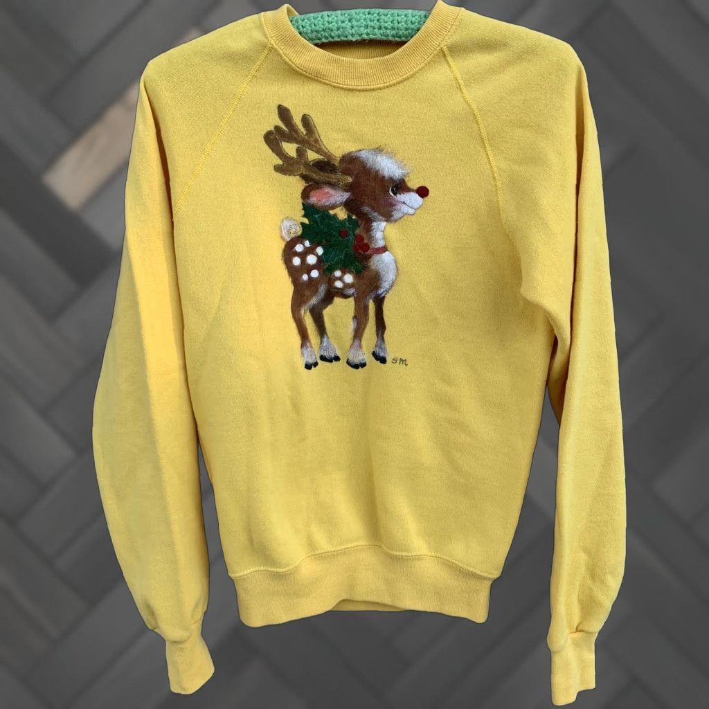 Lee VINTAGE Lee Sweatshirt Reindeer Christmas Yellow M Men Crew Neck Long Sleeve Graphic Print Pullover Raglan 80s 90s Holiday Art Size US M / EU 48-50 / 2 - 1 Thumbnail