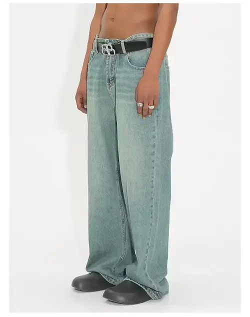 Japanese Brand nezawa x Kamon Washed Green Relaxed Wide Leg Jeans Size US 32 / EU 48 - 2 Thumbnail