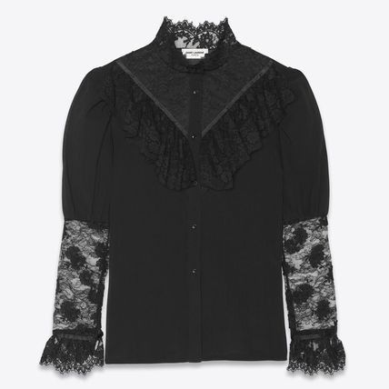 Saint Laurent Paris o1bcso1str0625 Victoria Frilled Blouse In Washed in Black Size US XXS / EU 40 - 1 Thumbnail