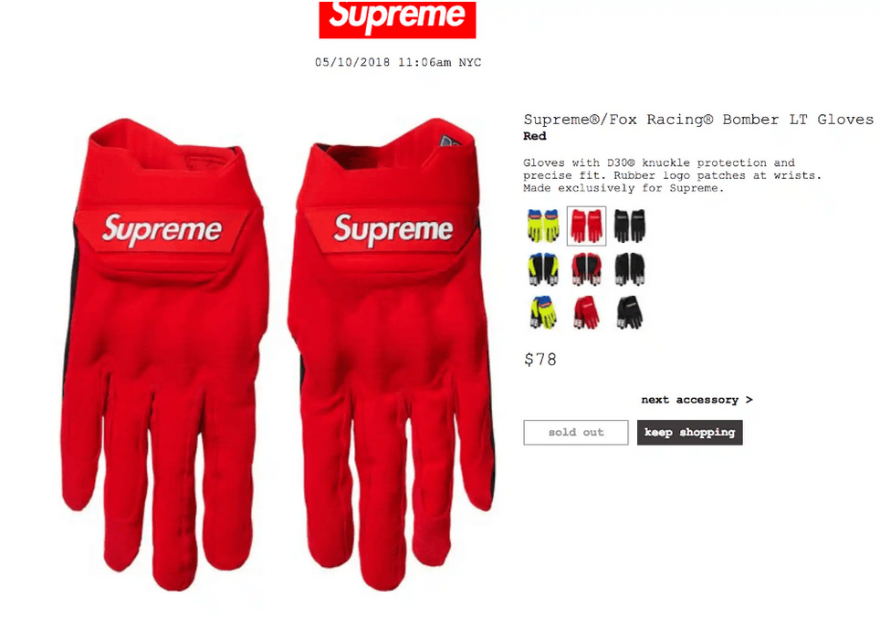 Supreme Supreme SS18 FOX Racing Bomber LT Gloves Red M Gently Used
