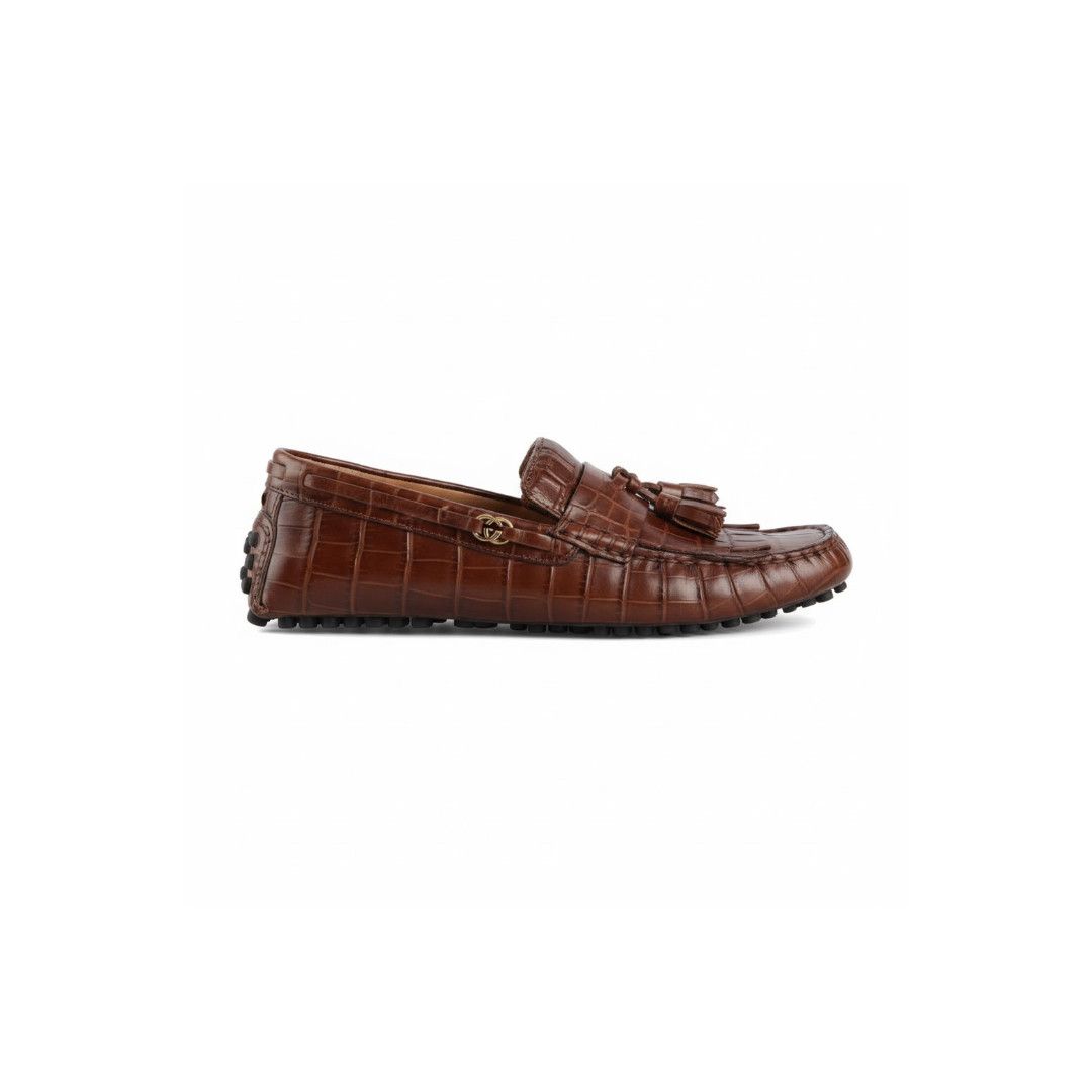 oc11z1025 Men's Crocodile Driver Shoes in Brown