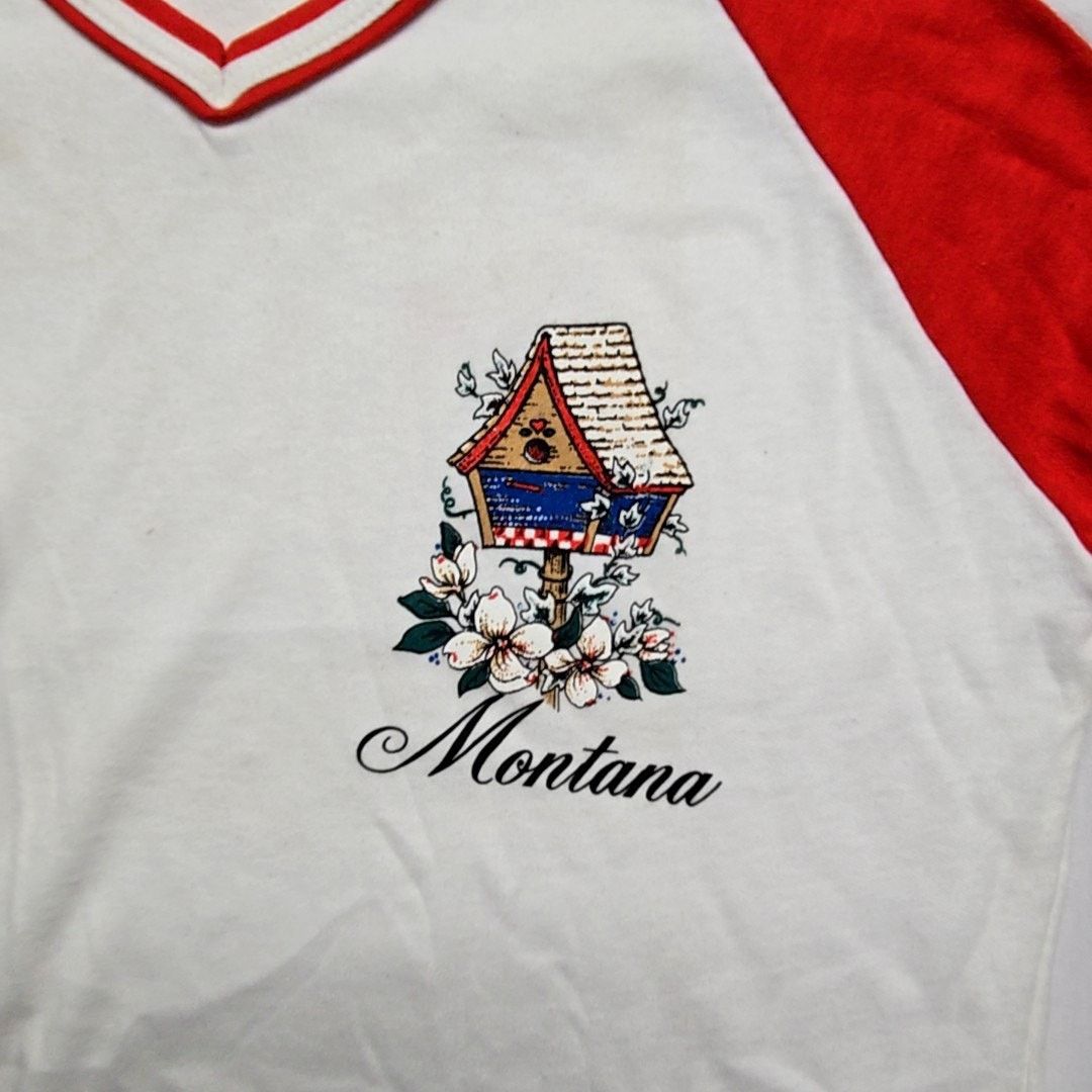 Vintage Vintage Montana Graphic Tee Le Riche Red White V-Neck Shirt Size L / US 10 / IT 46 - 2 Thumbnail