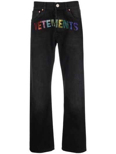 Vetements o1mle0424 Crystal Logo Straight Leg Denim in Black Vetements o1mle0424 Crystal Logo Straight Leg Denim in Black