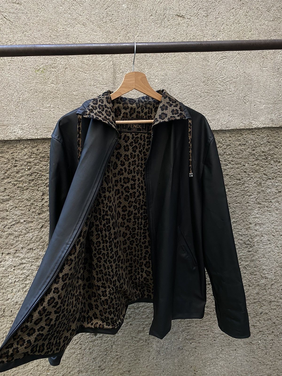 image of Vintage Fendi Leopard Glossy Jacket in Black, Men's (Size Medium)