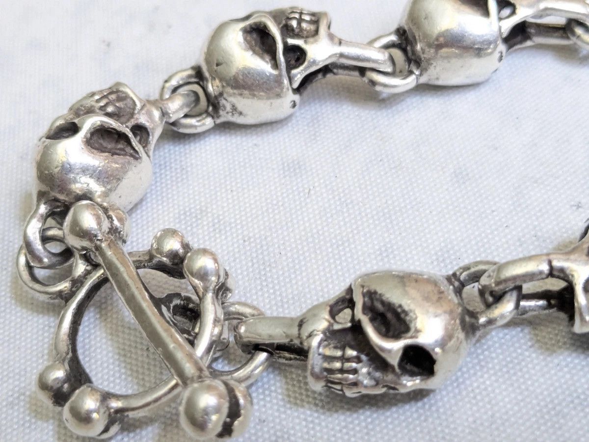 Jewelry Vintage Sterling Silver Skull Bracelet 7.5" Skeleton Mexico Size ONE SIZE - 9 Thumbnail