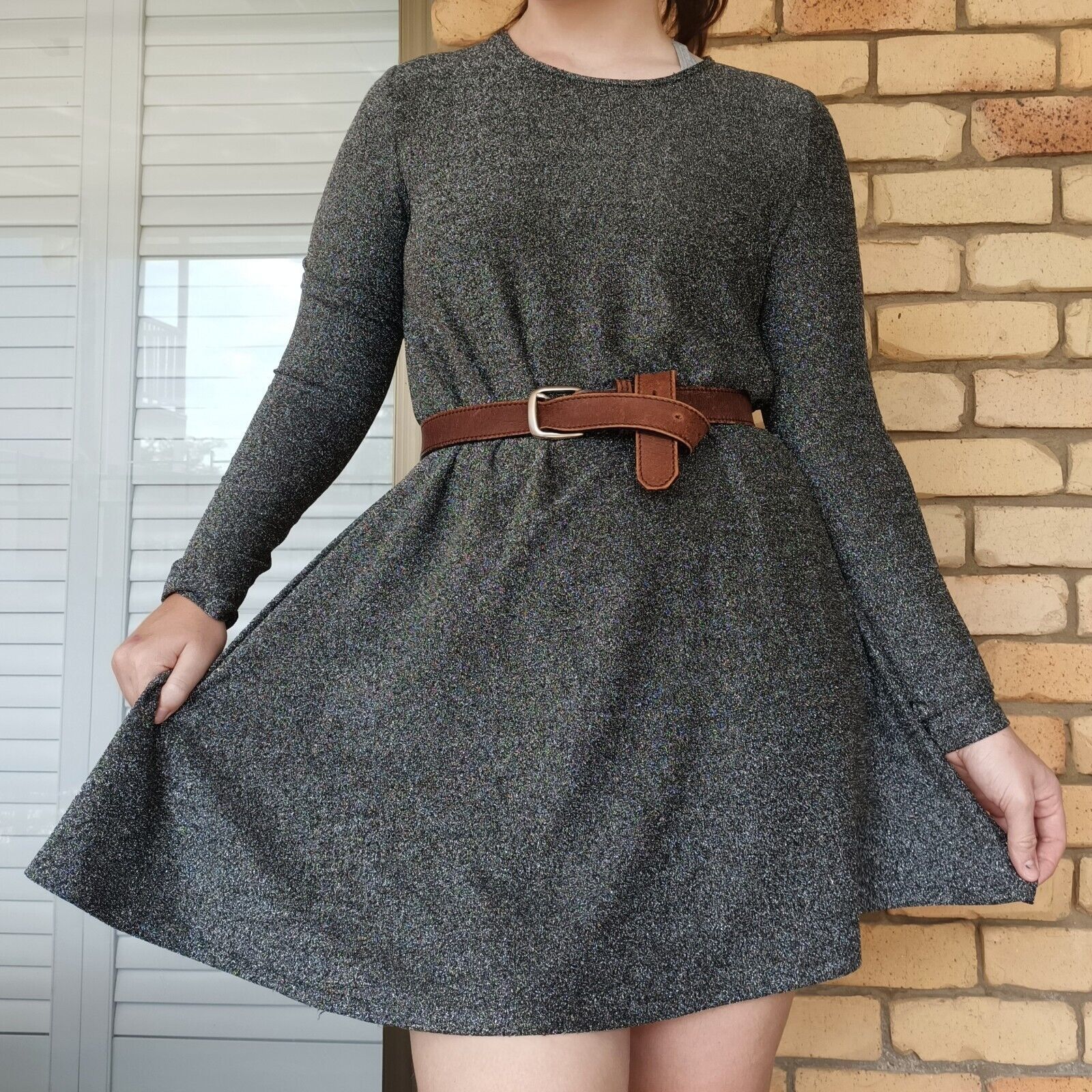Designer Glamorous Dress Grey Silver Mini Fit & Flare Lurex Size M / US 6-8 / IT 42-44 - 1 Thumbnail