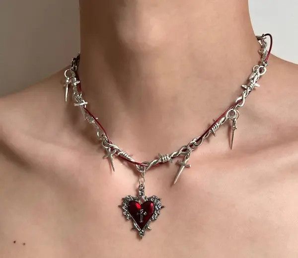 Jewelry Silver Barbed Wire Cross Necklace with Red Heart Pendant Size ONE SIZE - 3 Thumbnail