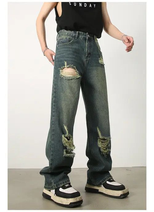 VIBE Japanese retro wide-leg loose straight-leg ripped jeans Size US 32 / EU 48 - 5 Thumbnail