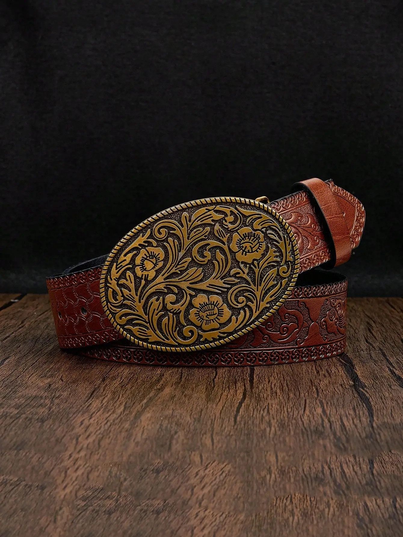 Leather Casual Round Buckle Belt Size ONE SIZE - 4 Thumbnail