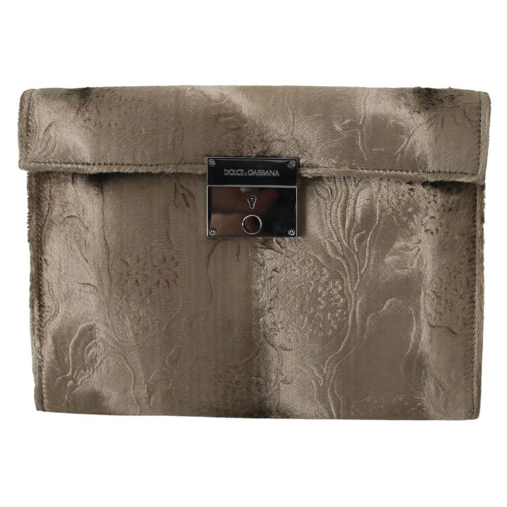 Dolce & Gabbana Beige Velvet Floral Leather Men Document Bri