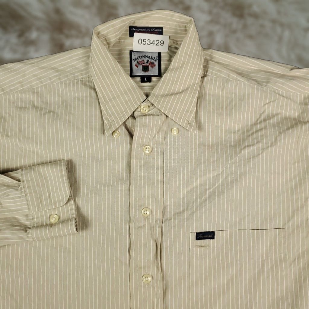 Faconnable VINTAGE Façonnable Shirt Mens Size Large Beige Striped Button-Up Long Sleeve Casual Business Formal Size US L / EU 52-54 / 3 - 1 Thumbnail