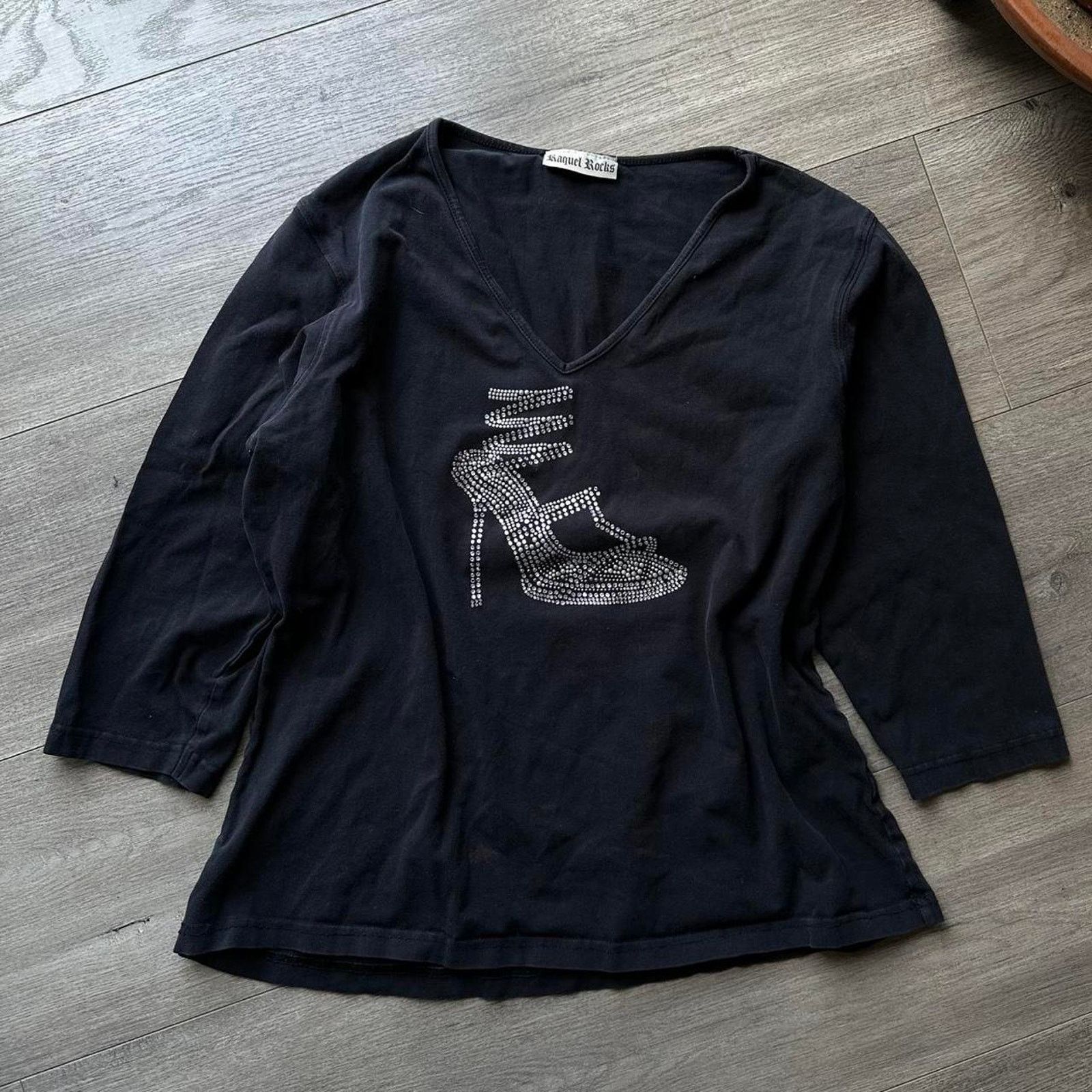 Vintage Vintage Y2K Silver Black Heel Shoe Bedazzled 3qt Shirt Top Size XL / US 12-14 / IT 48-50 - 1 Thumbnail