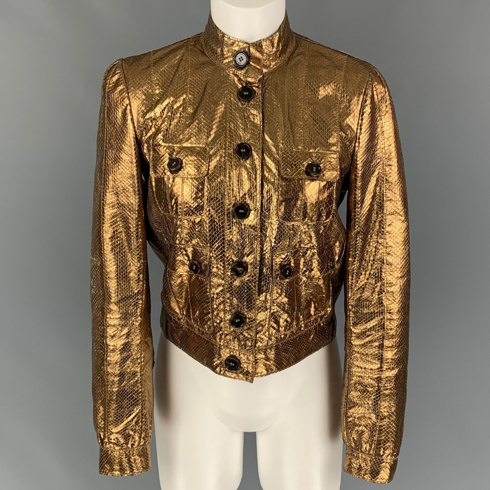 Size 6 Gold Leather Metallic Snake Skin Buttoned Jacket