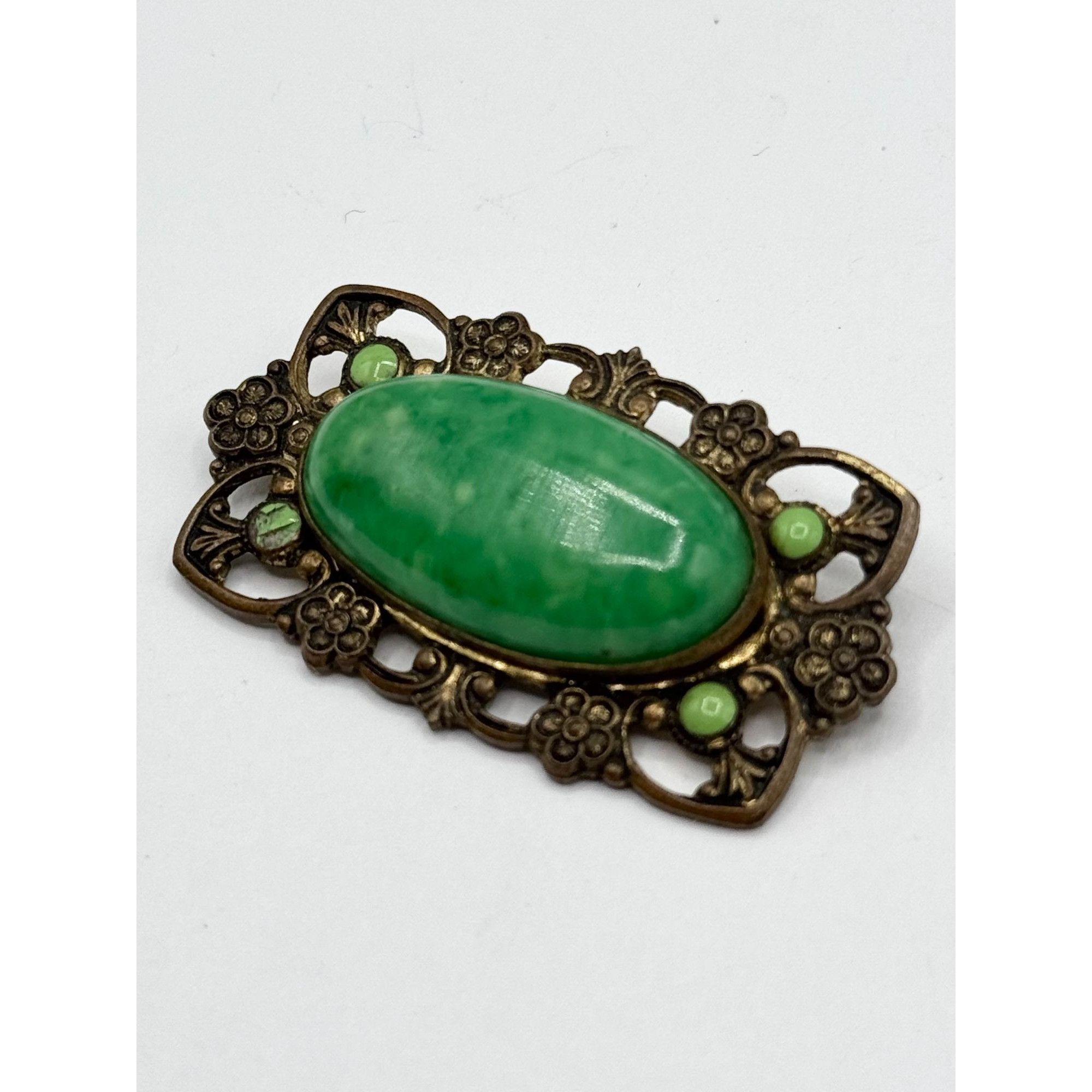 Vintage Vintage 1930's Oval Green Celluloid Floral Pin Brooch Size ONE SIZE - 2 Thumbnail